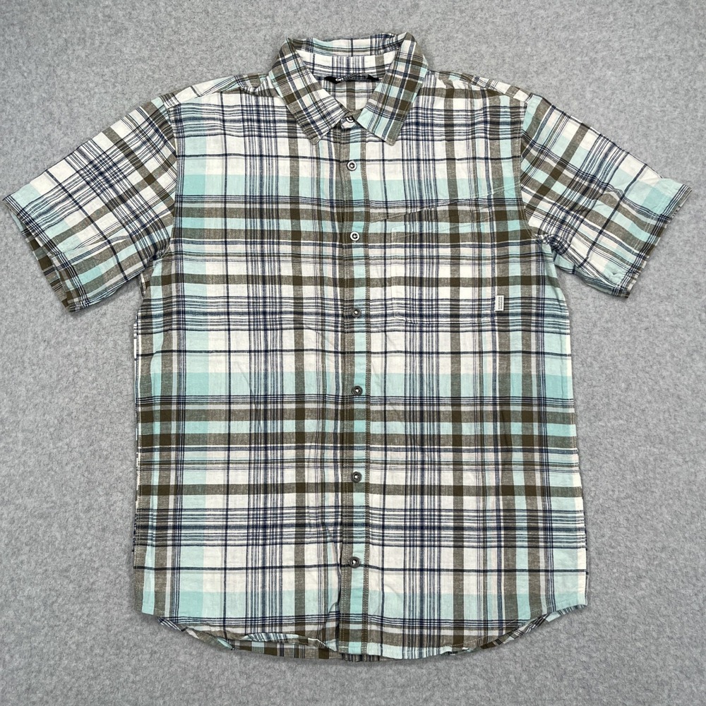 Outdoor Research Weisse Shirt Mens M Teal Brown Plaid Short Sleeve Button Hemp - Picture 2 of 12